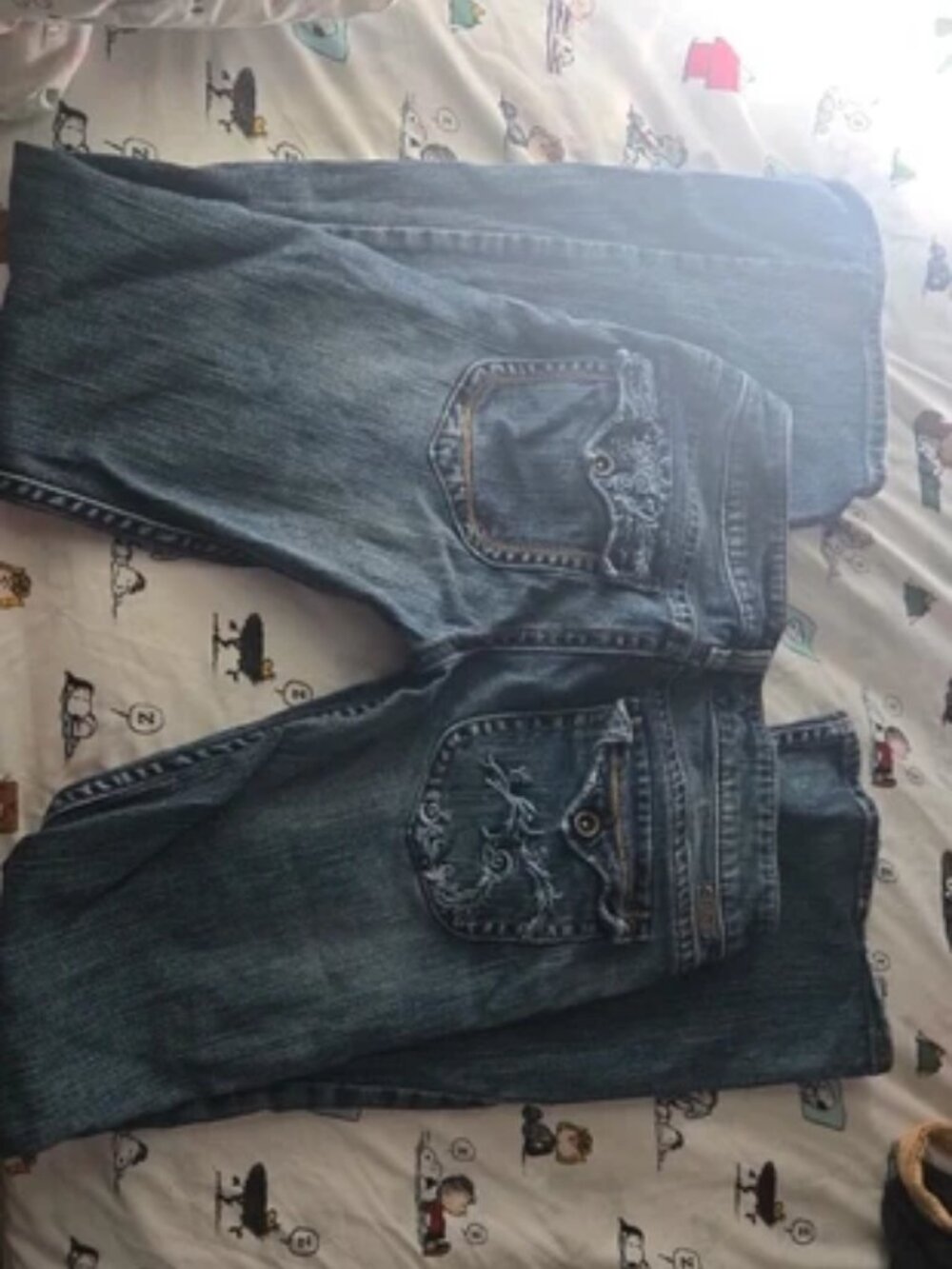 ISO/DNB ~ silver flared jeans with flower detailing